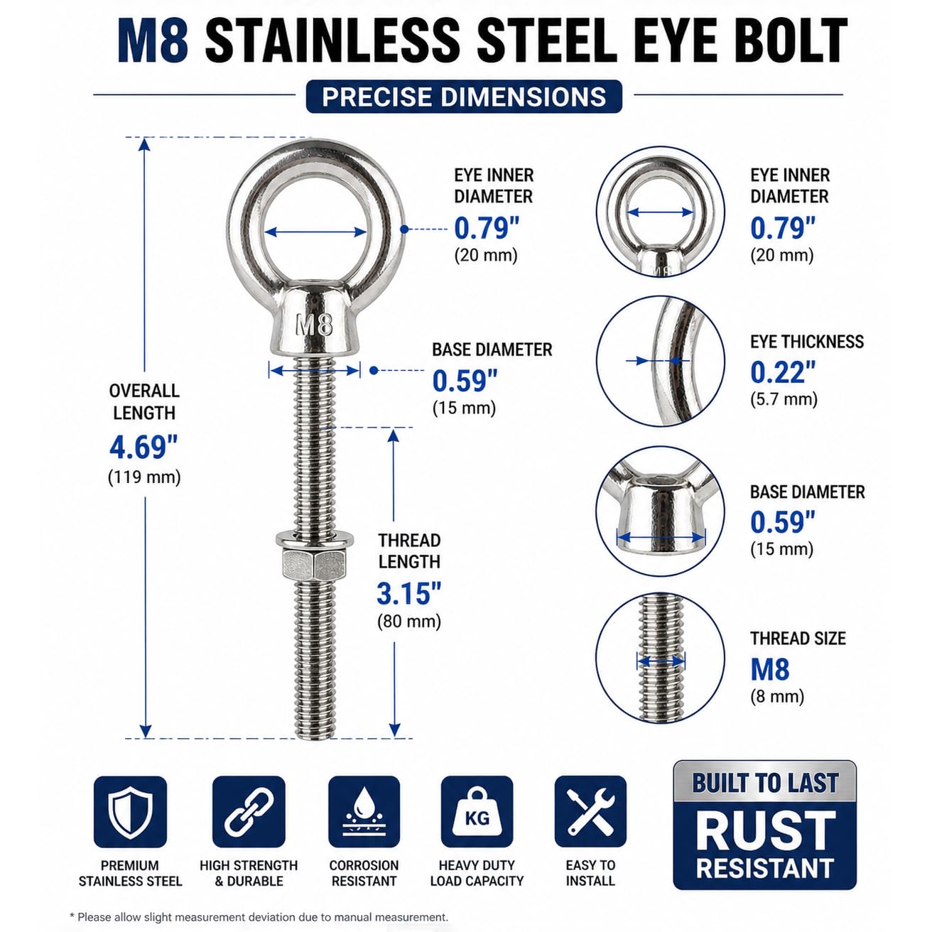 2-Pack 5/16" x 3-1/8" Heavy Duty Stainless Steel Eye Bolts with Nuts & Washers - Lifting Eye Screw