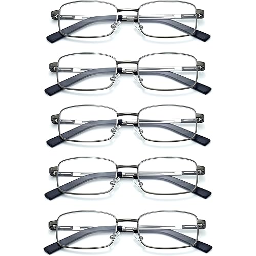 Unbreakable Metal Reading Glasses for Men, Stainless Frame, Spring Hinge Readers, Blue Light Blocking Lenses, 2 to 6 Pack