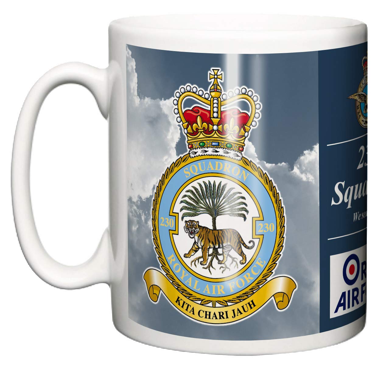 RAF 230 Squadron Ceramic Mug, Crest Motto, Benson Base Station Royal Air Force