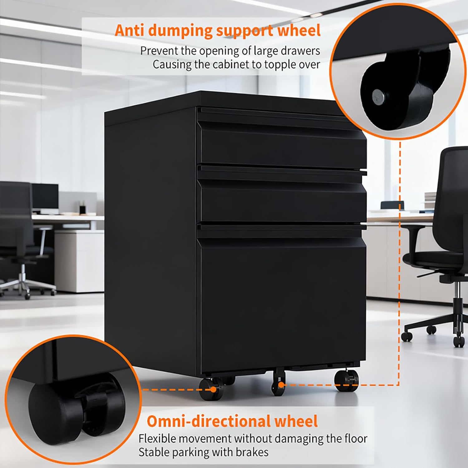 3 Drawer File Cabinet with Wheels, Metal Filing Cabinets for Home Office with Lock, Under Desk Drawer Organizer Fully Assembled, Fits Letter, A4, Standard Sizes (Black, 23.6*15.4*19.7)