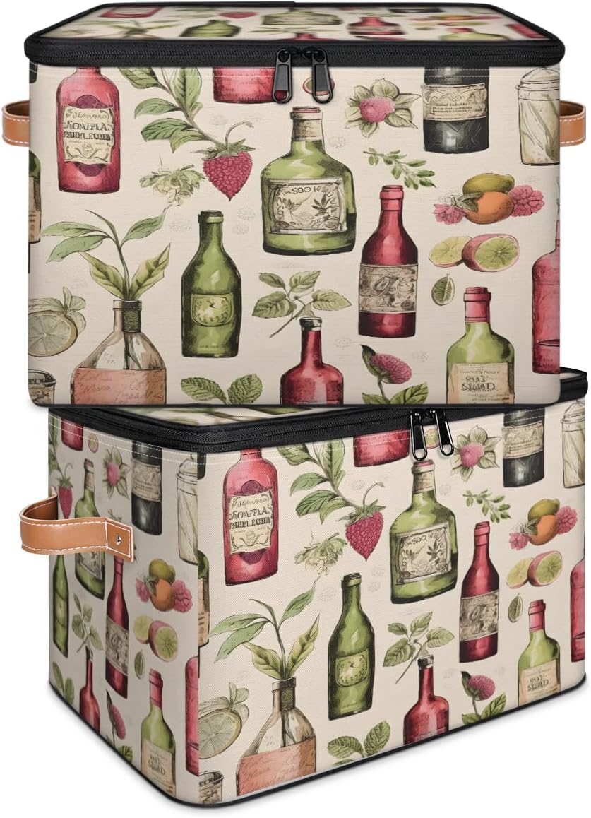 Storage Bin Set of 2 Vintage Wine Storage Basket with Zipper Lid & Handle Foldable Closet Shelf 2 Pack Cloth Organizer Basket Cube Bins Clothes Organizer for Bedroom, Nursery