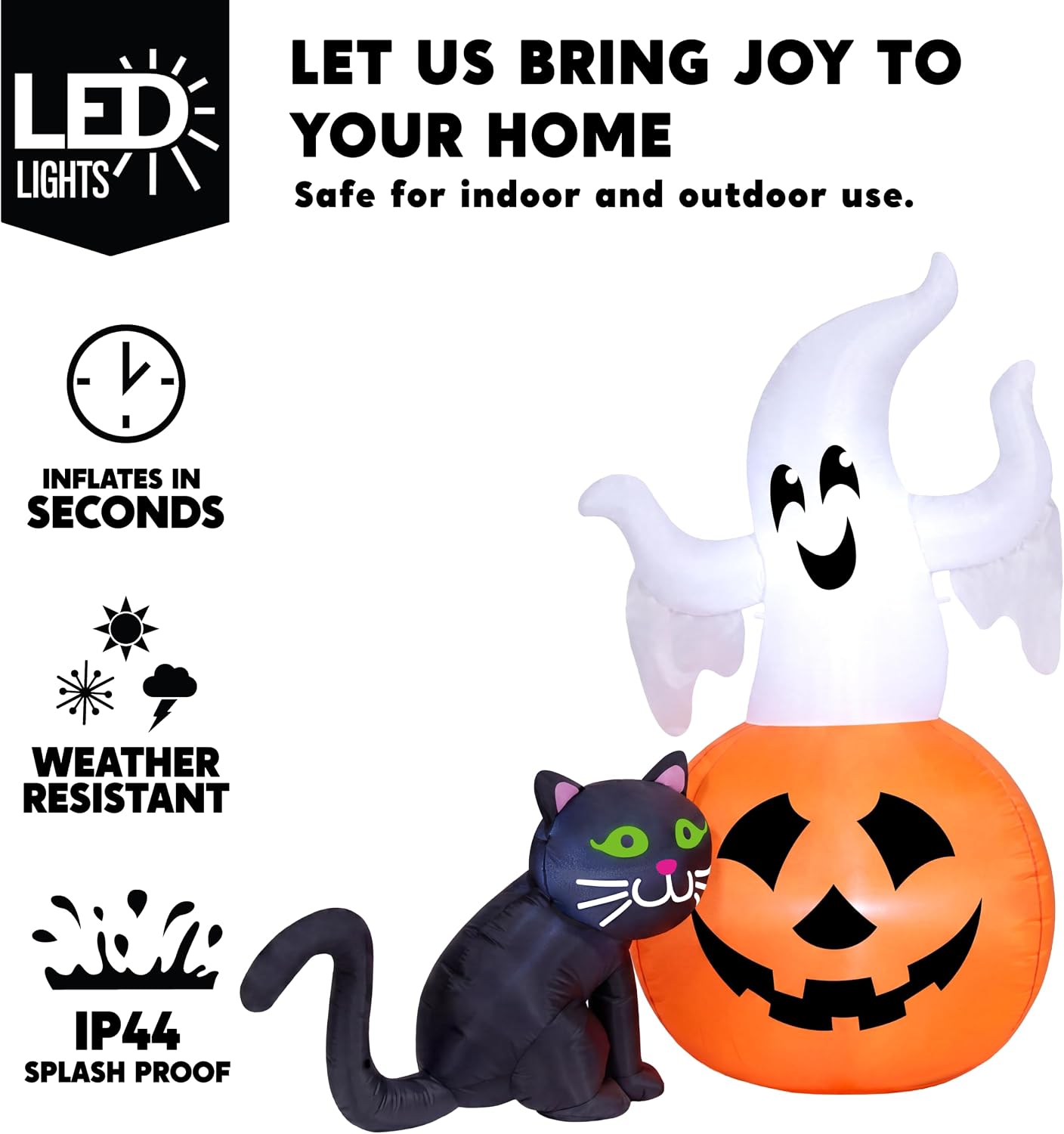 Joiedomi 5FT Halloween Inflatables Ghost Decorations, Lighted Ghost on Pumpkin with Black Cat Outdoor Decor, Halloween Blow Up Yard Decorations for Outside Patio Lawn Party Indoor Decor image 3
