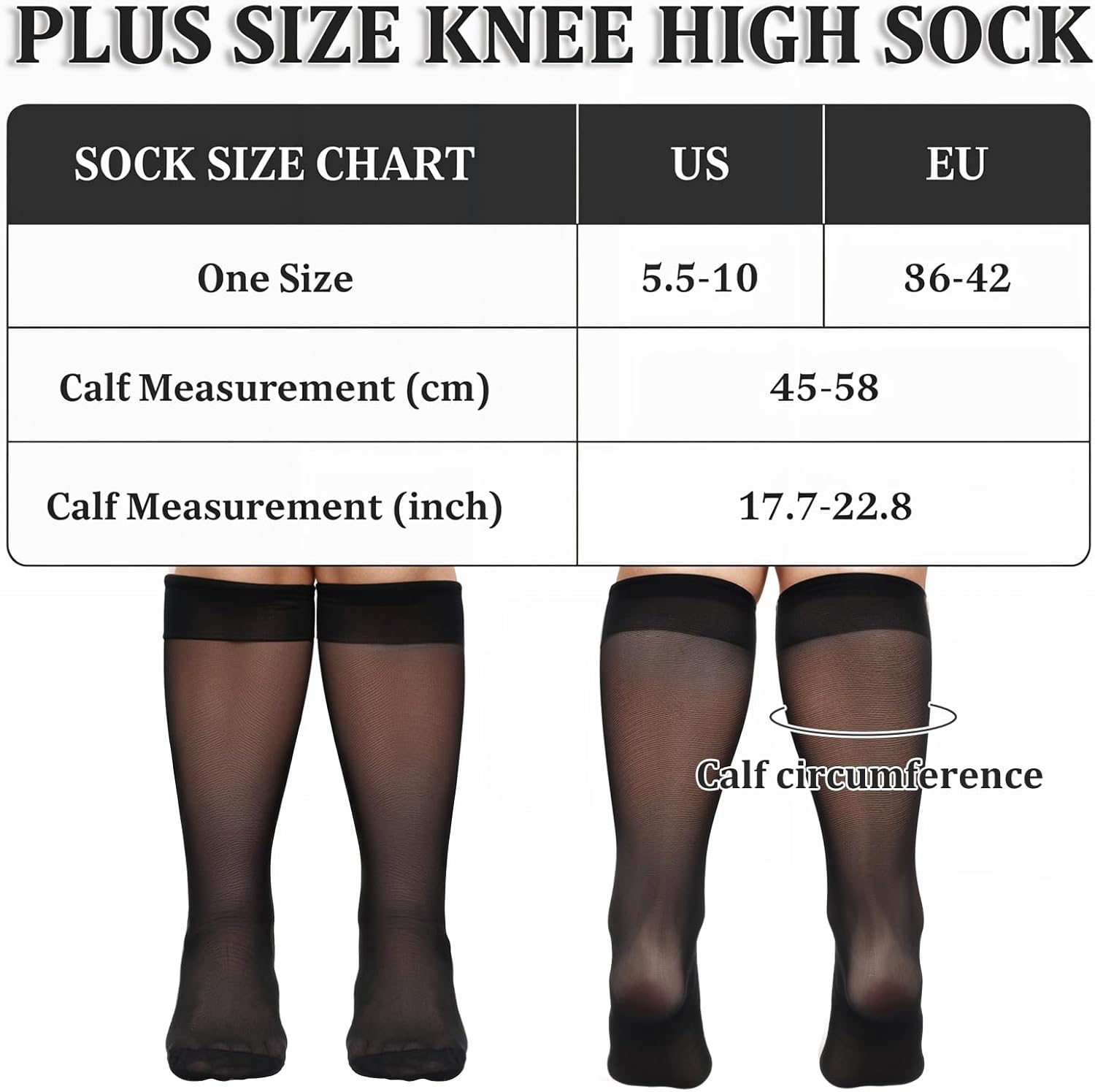 6 Pairs Plus Size Knee High Stockings for Women, 15D Black Nylon Stocks with Wide Calf Stretchy Silky Soft - Image 4