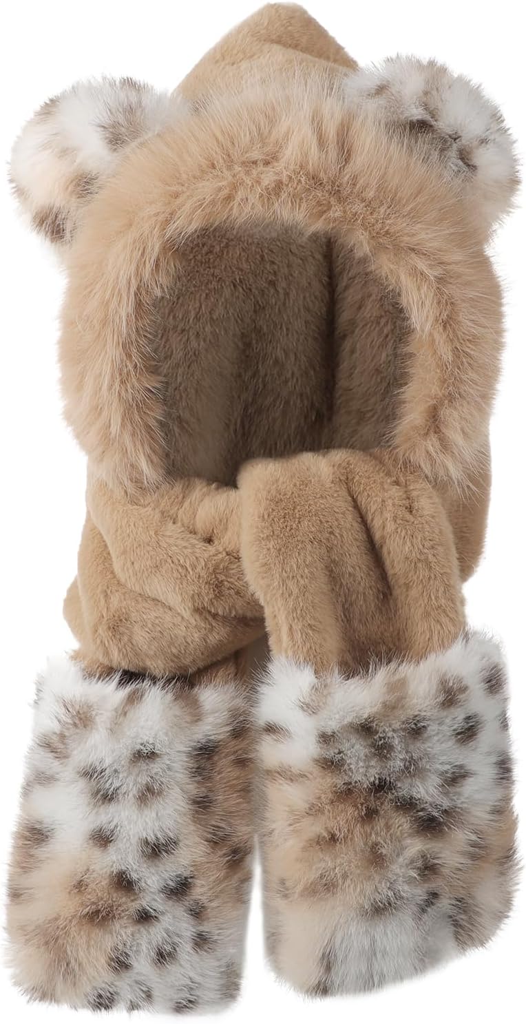 3 in 1 Cute Bunny Ears Hat Scarf Gloves Set Winter Warm Faux Fur Hooded Scarf Pocket Mittens Plush Animal Hood