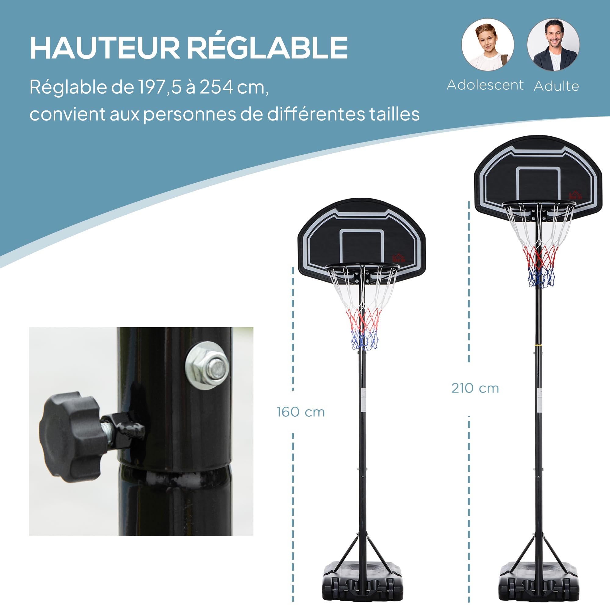 HOMCOM Panier de Basket Extérieur Réglable Base Stable 197,5-254 cm Noir | Panier de Basket sur Pied à Roulettes, Base Remplissable d'Eau ou de Sable, pour Juniors et Adultes
