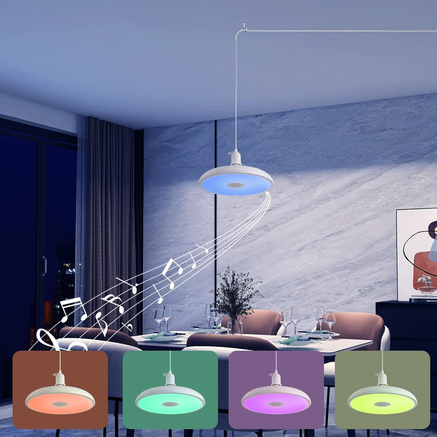 HOREVO Plug-in Pendant Light with Remote Control, Bluetooth Speaker, and Color Changing LED 8.7" 18W Adjustable Farmhouse Hanging Fixture for Kitchen Island, Bar, Dining Room, Bedroom, Entryway