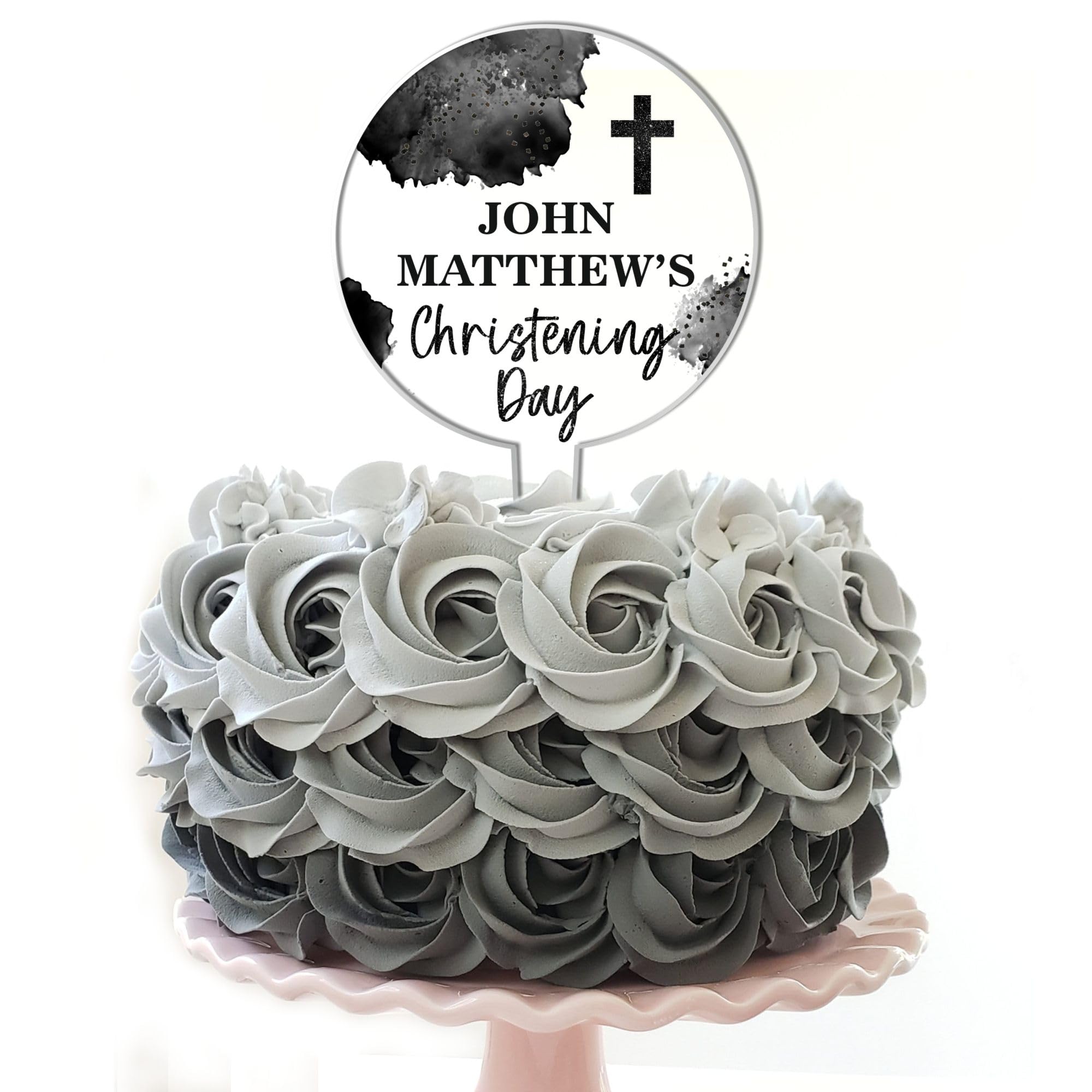 Personalised Religious Cake Topper – Custom Name & Occasion – Christening, Communion or Confirmation – Acrylic Watercolour Design with Cross Cake Decoration (Christening, Black)
