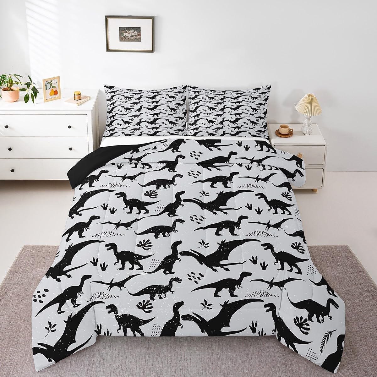 Dinosaur Silhouette Comforter,Dinosaurs Paws Bedding Set for Kids Girls Boys,Teens Adults Cartoon Animals Comforter,Black Gray Quilted Duvet Set Bedroom Collection Twin Size 2Pcs