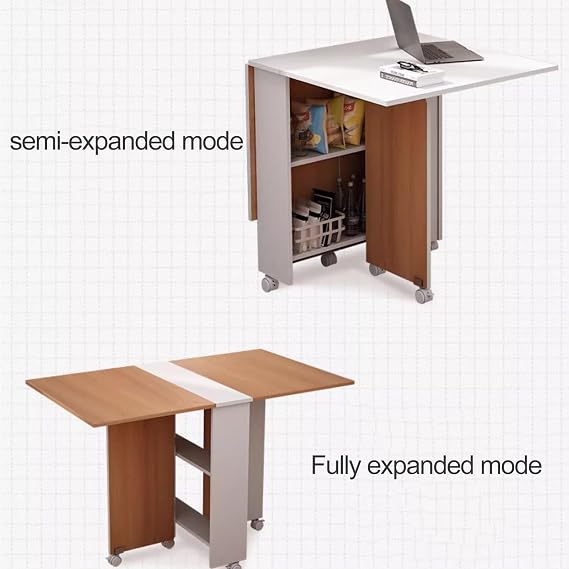 Mobile Folding Dining Table,Modern Drop Leaf Dining Table with 6 Wheels and 2-Layer Storage Racks,Space Saving Extendable Kitchen Table,Foldable in 3 Forms,for Kitchen Dining Room Restaurant