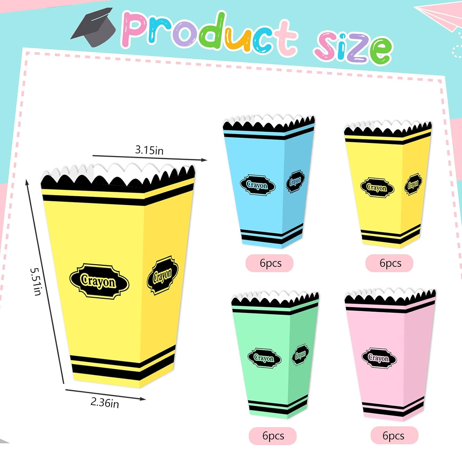 24 Pcs Back to School Gift Popcorn Boxes,Crayon styles Back to School Party Candy Treat Boxes Holders Bulk,First Day of School Party Favors Box Popcorn Candy Treat Boxes for Gifts