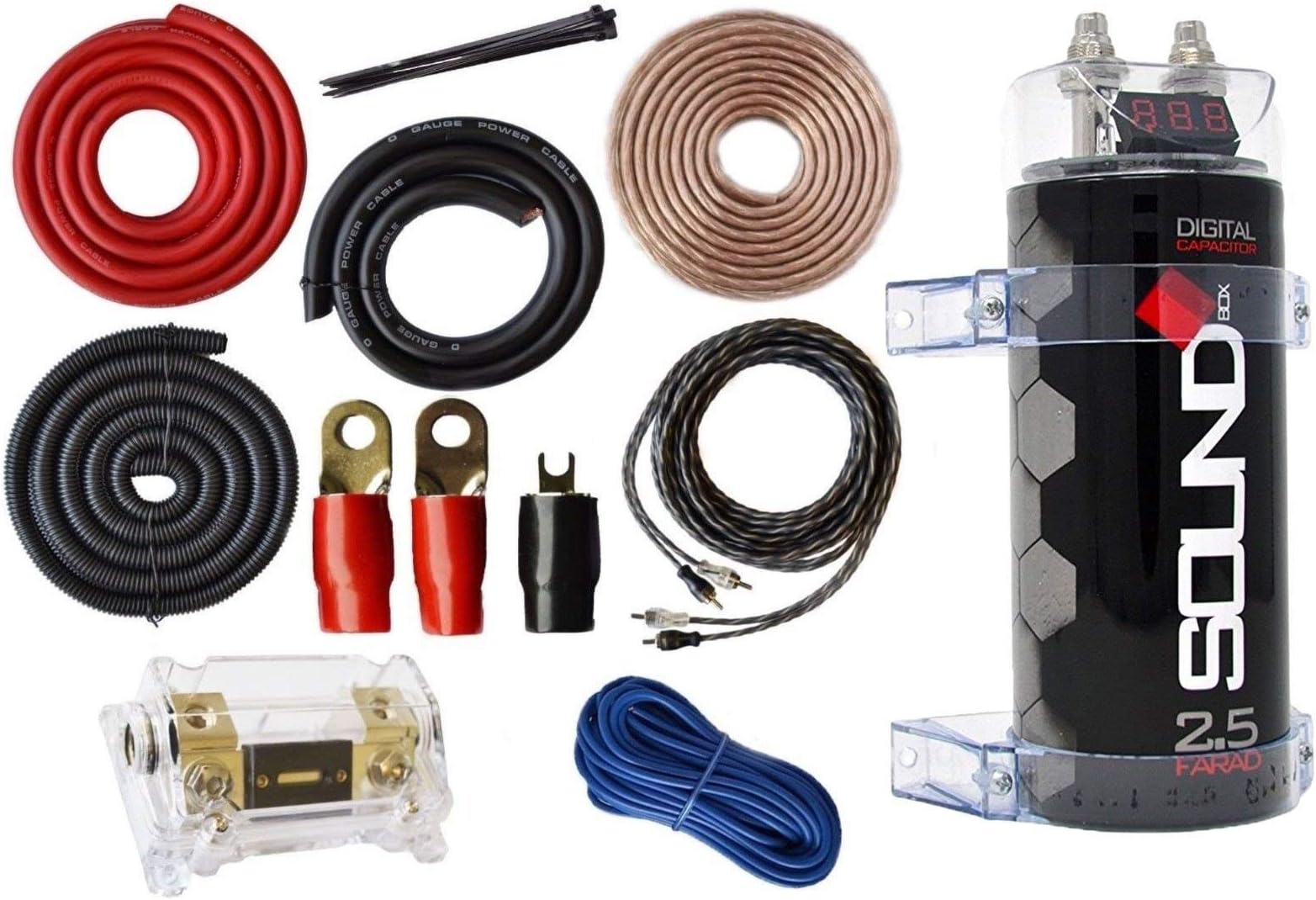 SoundBox 0 Gauge Amp Kit Amplifier Install Wiring & 2.5 Farad Digital Capacitor- 2500 Watts Peak Power Rating, Amp Kit- 5500 Watt Peak Power Rating
