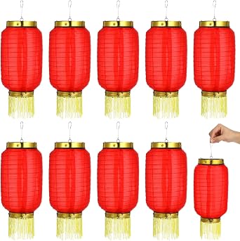 10pcs Japanese Style Foldable Silk Cloth Lanterns Oval Hanging Lamps for Festivals Parties Weddings Home Decor Red
