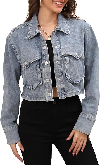 Womens Long Sleeve Button Down Cropped Trucker Short Denim Jean Jacket with Pockets