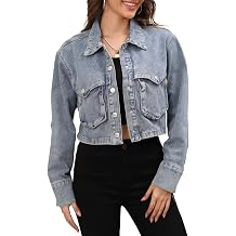 Women's Long Sleeve Button Down Cropped Trucker Short Denim Jean Jacket with Pockets