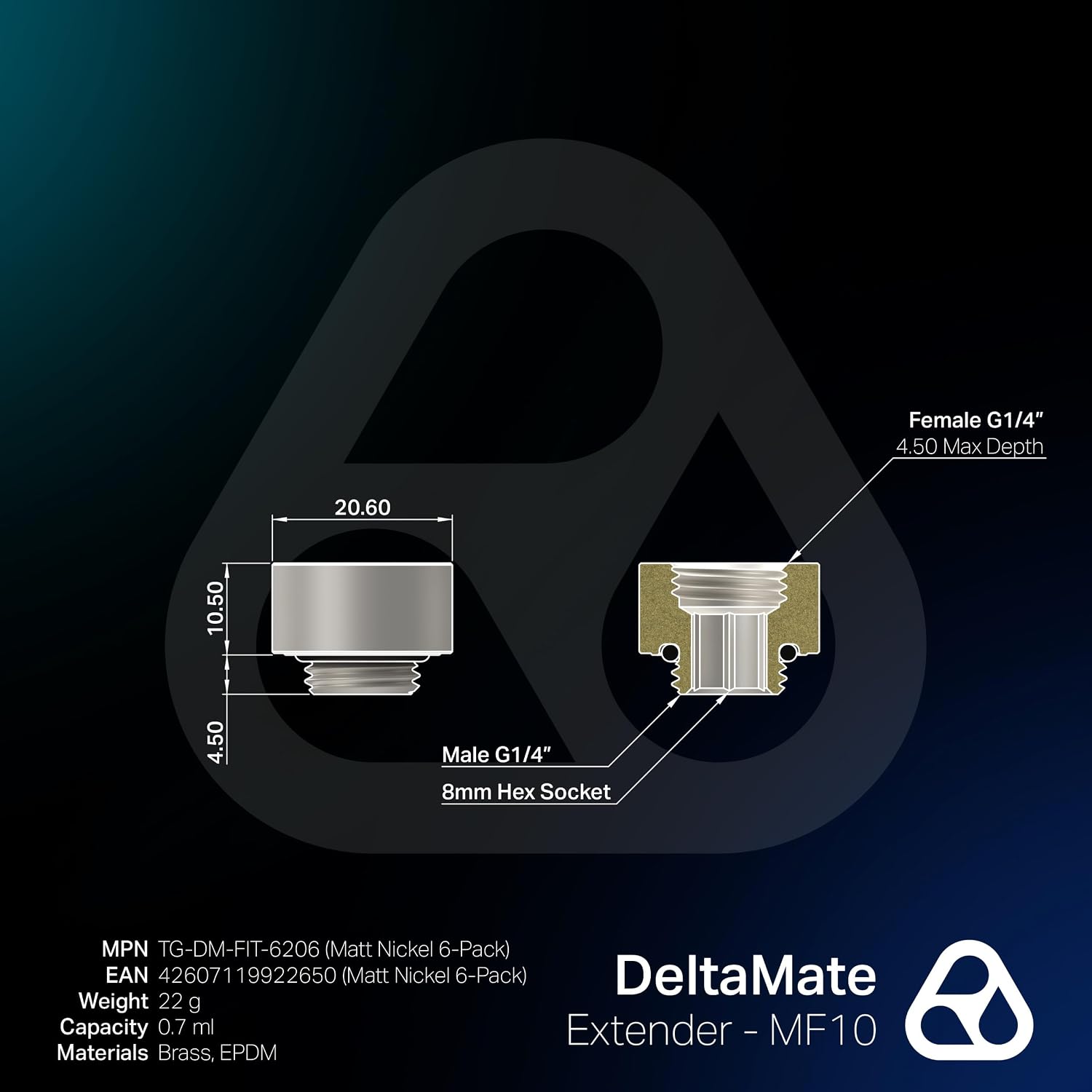 Thermal Grizzly - DeltaMate - Extender MF10-6-pack - Extender Fitting 10mm - Matt Nickel - CNC-machined brass - G1/4" male and female thread - for modular combinations in water-cooling systems