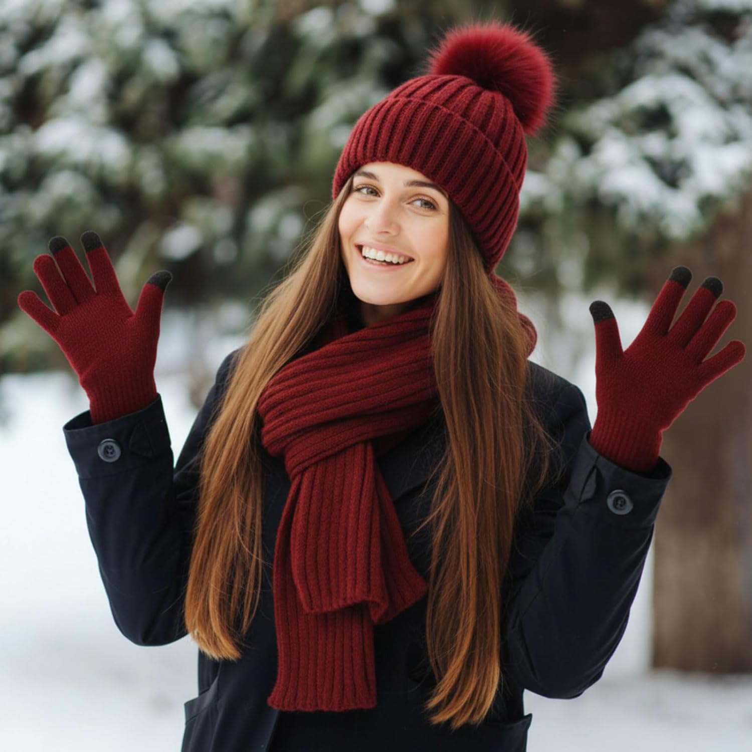 3 Pcs Winter Beanie Hat Scarf Gloves Set for Women Men, Knit Hats Pom Warm Long Scarf Touchscreen Gloves - Image 5