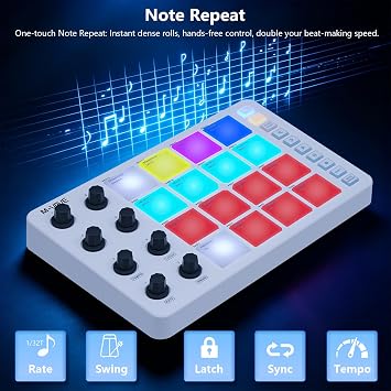 M-VAVE SK12 SMC-PAD MIDI Controller with 16 Drum Pads, 8 Assignable Knobs, Note Repeat, Rechargeable Battery, White