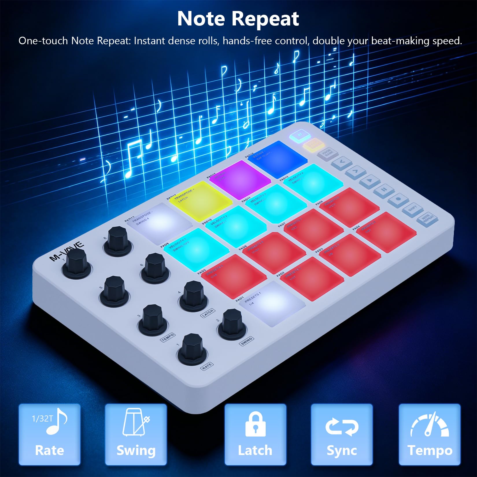 M-VAVE SK12 SMC-PAD MIDI Controller mit 16 Drum Pads, 8 zuweisbaren Drehknöpfen, Notenwiederholung, wiederaufladbarer Akku, Weiß