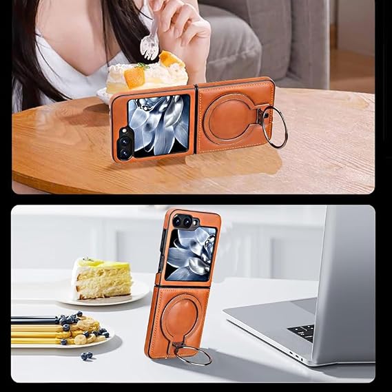Case for Samsung Galaxy Z Flip 7, Compatible with MagSafe Leather Protective Cover with Stand Skin Friendly Anti-Fingerprint Shockproof Case (Dark Brown)