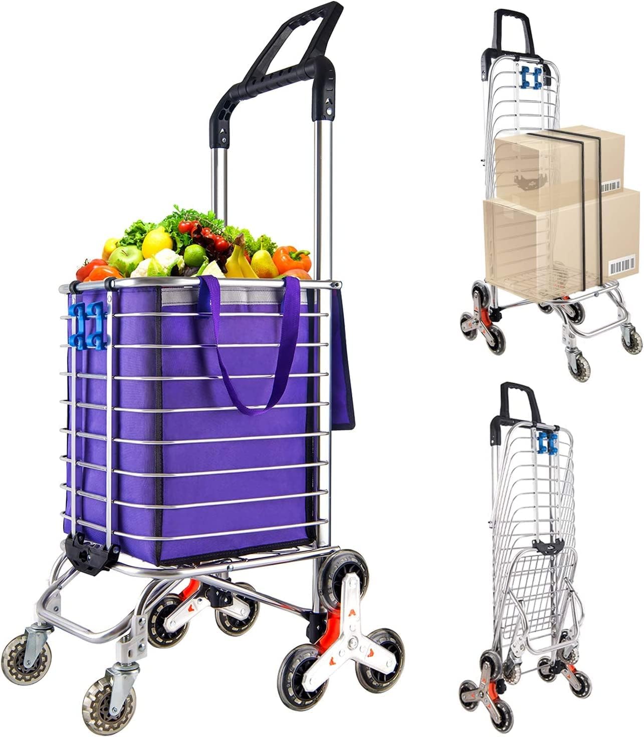 Foldable Shopping Cart,Wheels Foldable Grocery Shopping Cart,Small Size Grocery Cart On,Stair Climber Utility Trolley Tote Bag Perfect for Mom (Purple)