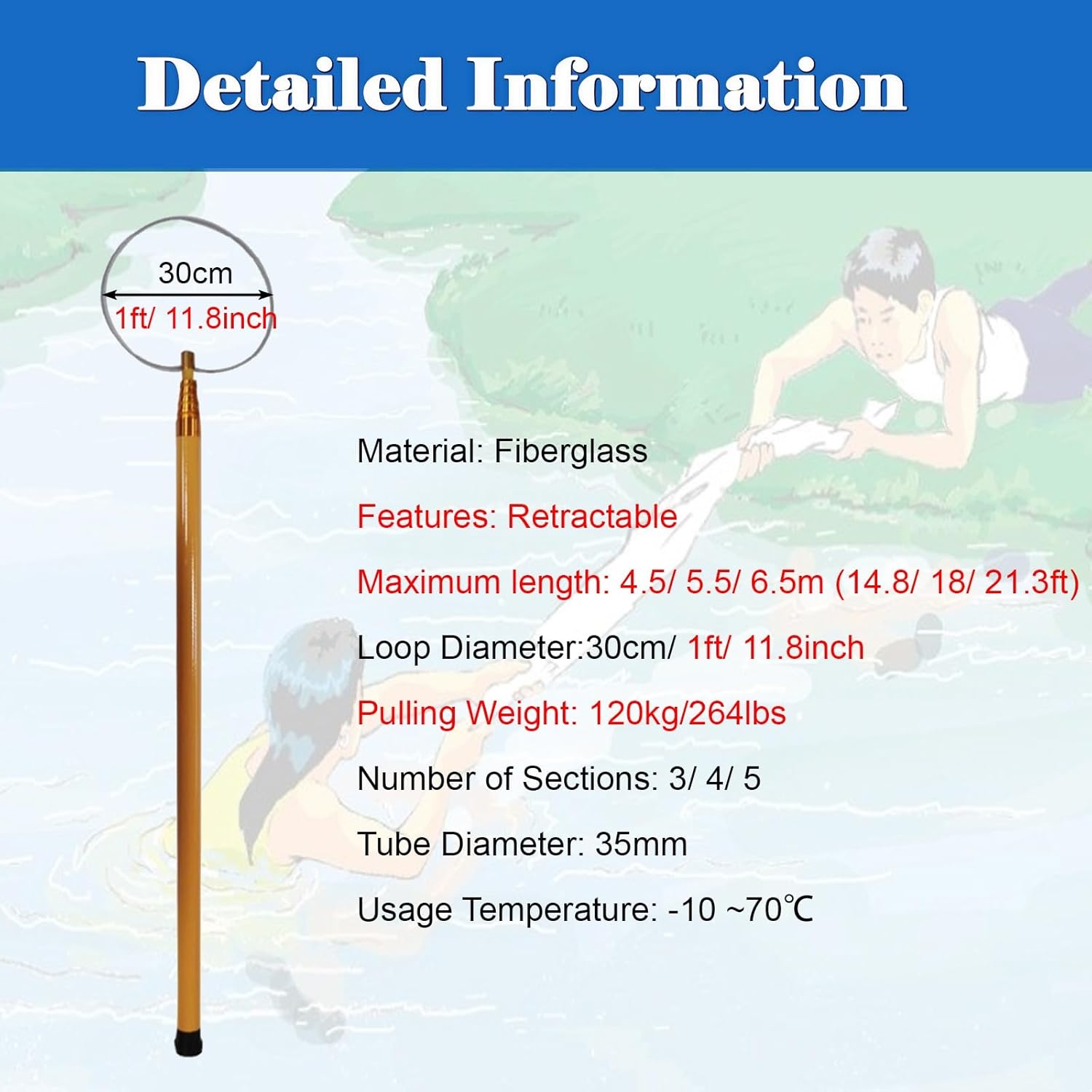 Boats/Yachts Salvage Rods, Adjustable Length Pool Emergency Rescue Pole for Drowning Swimmers, Sturdy 4.5 5.5 6.5 m Swimming Pool Safety Hook (Size : 4.5m/14.8ft/177.2inch)