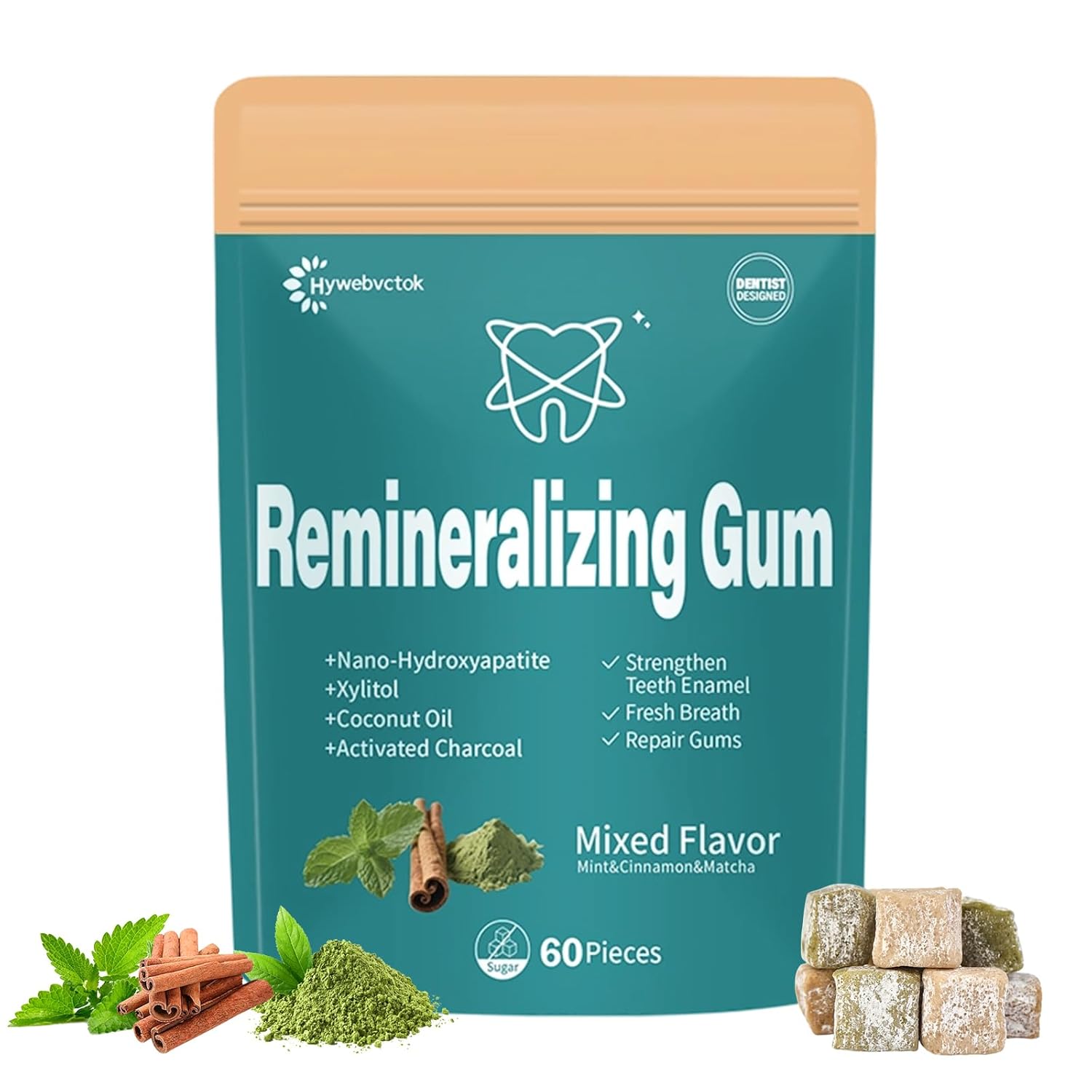 Hywebvctok 60 Count Remineralizing Gum with Nano Hydroxyapatite & Xylitol – Sugar-Free Peppermint+Cinnamon+Matcha Flavor Hydroxyapatite Xylitol Gum – Plastic-Free, Dye/Aspartame-Free – Natural Base