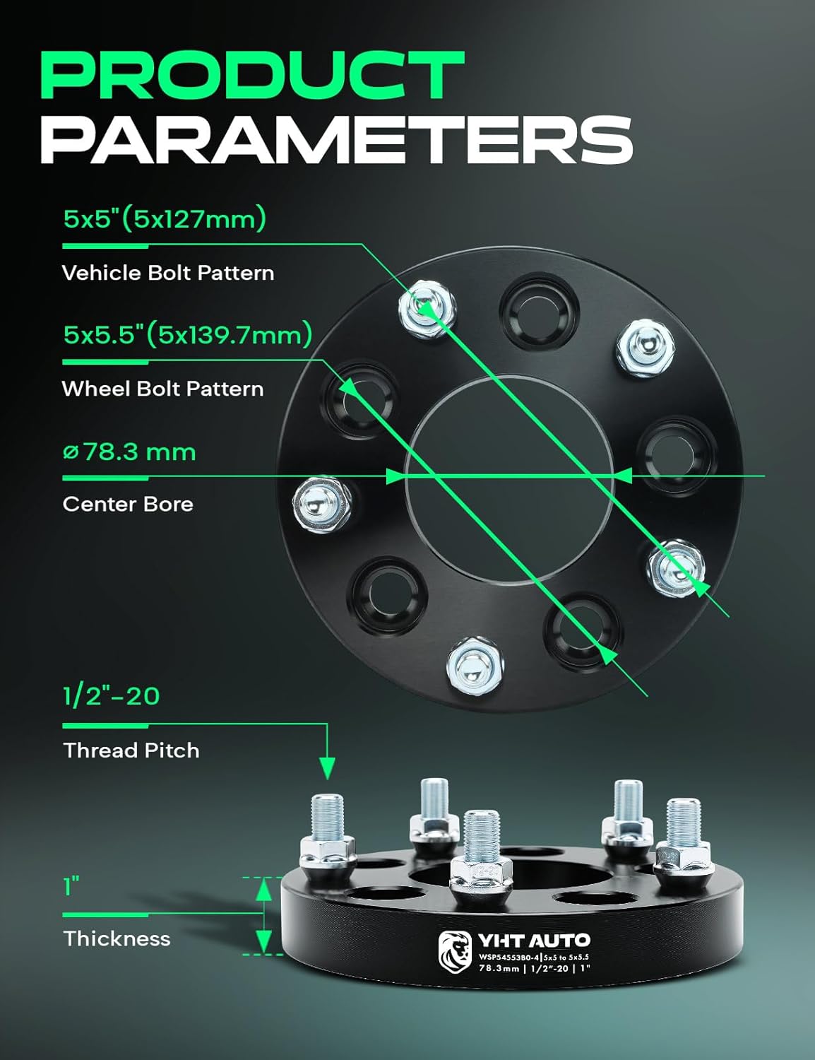 YHTAUTO 5x5 to 5x5.5 Wheel Adapters 1 Inch Compatible with Ford, Chevrolet, Jeep, Buick, GMC, Cadillac, Tire Adapters w/1/2-20 & 12.9 Grade Studs, 78.3mm Center Bore 5 Lug 4PCS Black