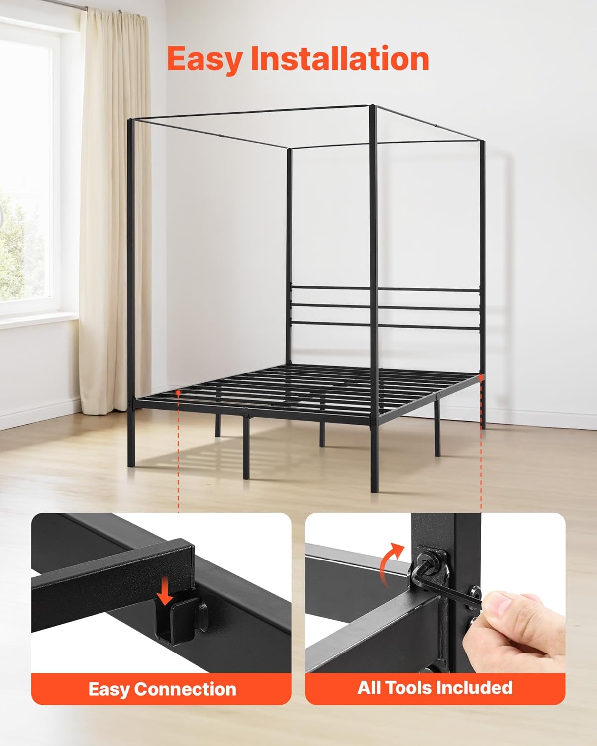 VEVOR Canopy Bed Frame Full Size, Metal Canopy Bed with Four Posters Design, Heavy Duty Steel Slats Support, Underbed Storage Space, No Box Spring Needed, Easy Assembly, Black