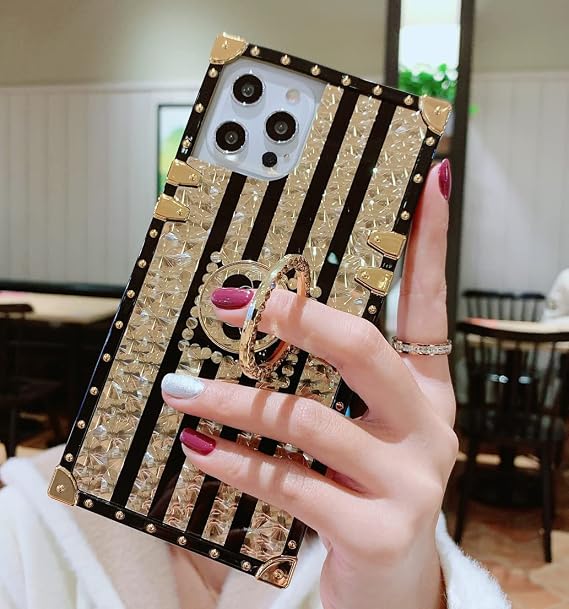 for iPhone 11 Bling Trunk Case for Women Girls Luxury Box Design Gold Glitter Cute Flower Pattern Soft Cover with Kickstand Ring Holder Phone Skin,Gold