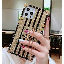 for iPhone 11 6.1" Trunk Case,Luxury Box Design Gold Glitter Bling Cute Flower Pattern Soft Cover with Finger Ring Grip Kickstand for Women Girls Phone Skin