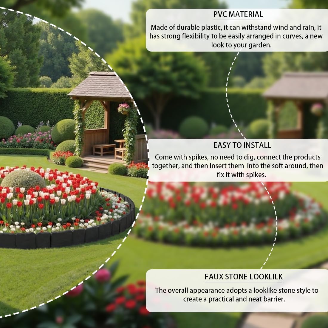 Landscape Edging, 4 Inch Tall Faux Stone Edging for Landscaping, 40pcs Plastic Garden Edging Border (Total 32FT) for Flowerbeds, Yard, with 40pcs Anchoring Spikes, Black