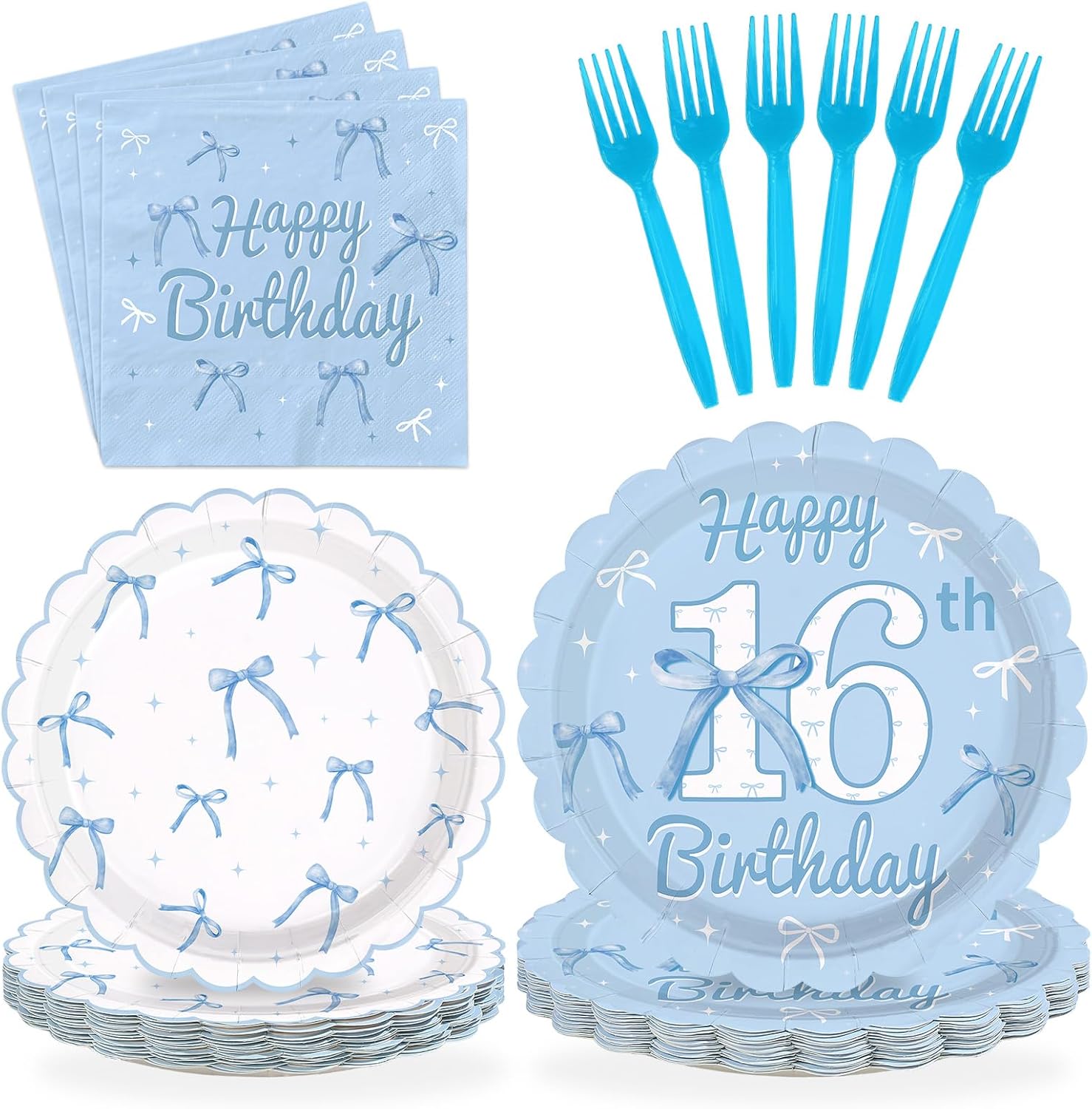 96Pcs Blue Bow 16th Birthday Party Supplies Blue White Birthday Scalloped Plates and Napkins Bow Themed Tableware Set for 16 Years Old Girls Bachelorette Party Decorations Serves 24