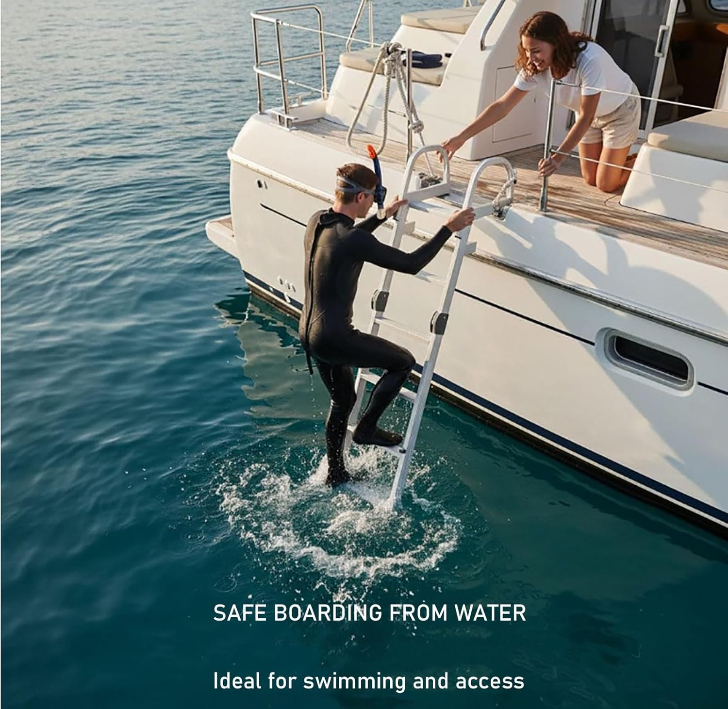 5-Step Folding Swim Ladder with Non-Slip Grips, Removable Aluminum Dock for Pontoon & Boats, 440 lb Weight Capacity, Anti-Slip Treads for Pools & Watercraft.