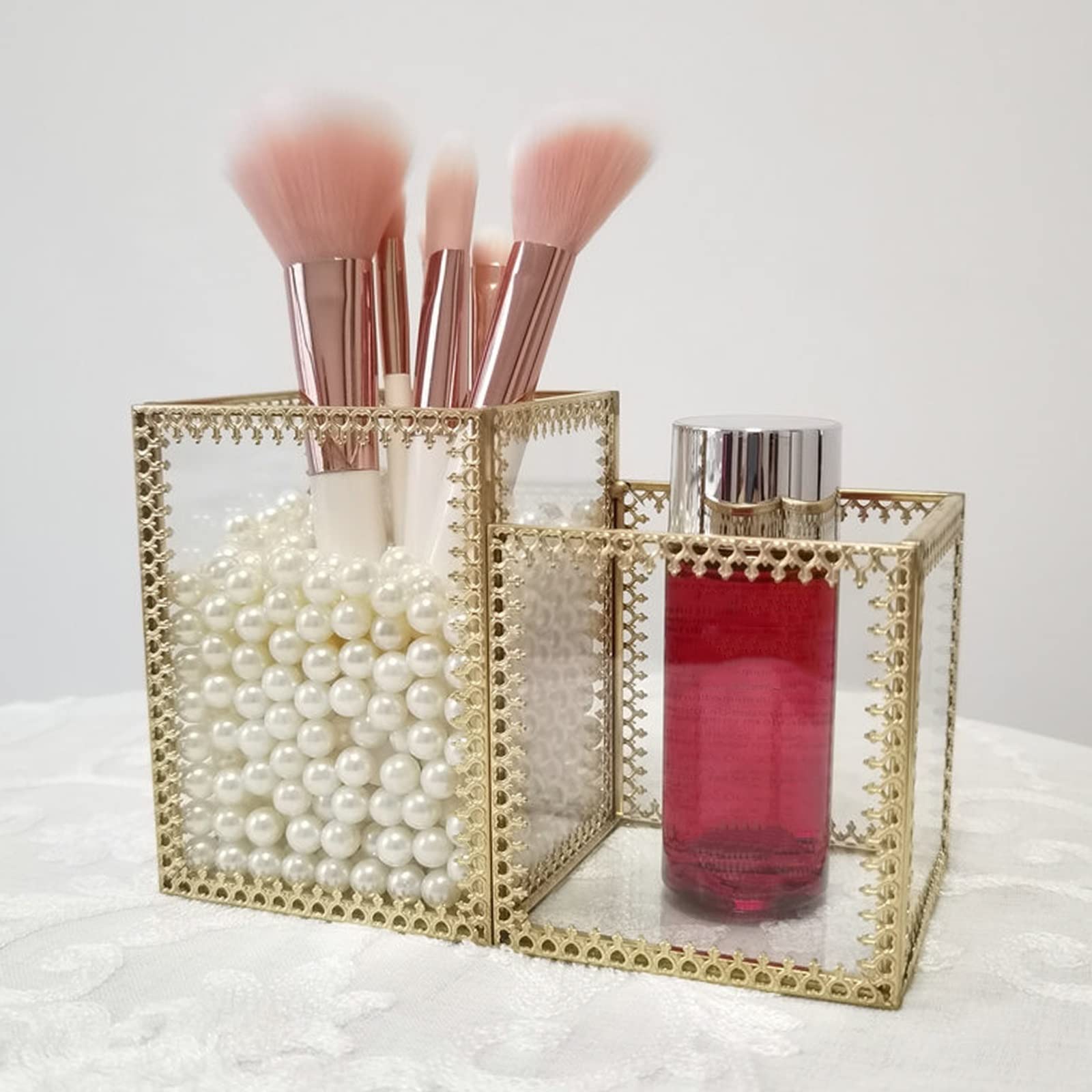 Estuche para brochas y pinceles Caja de almacenamiento de cosméticos con marco dorado, lápiz labial de escritorio, clasificación de joyería de cristal, almacenamiento, organizador de brochas de maquil
