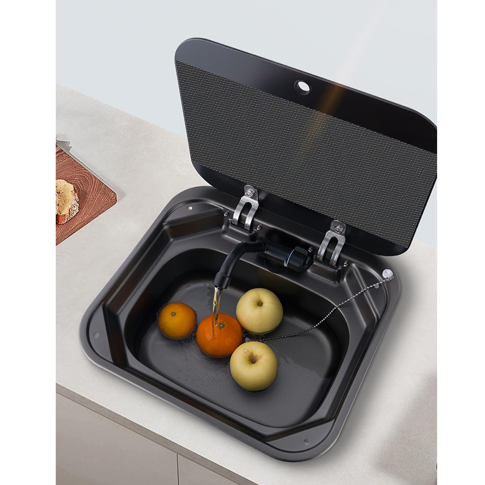 Fregadero Camper con Grifo Plegable y Cubierta de Vidrio, Fregadero Cocina de Acero Inoxidable 304, Apto para Vehículos Recreativos, Furgonetas Camper y Bares(Silver)