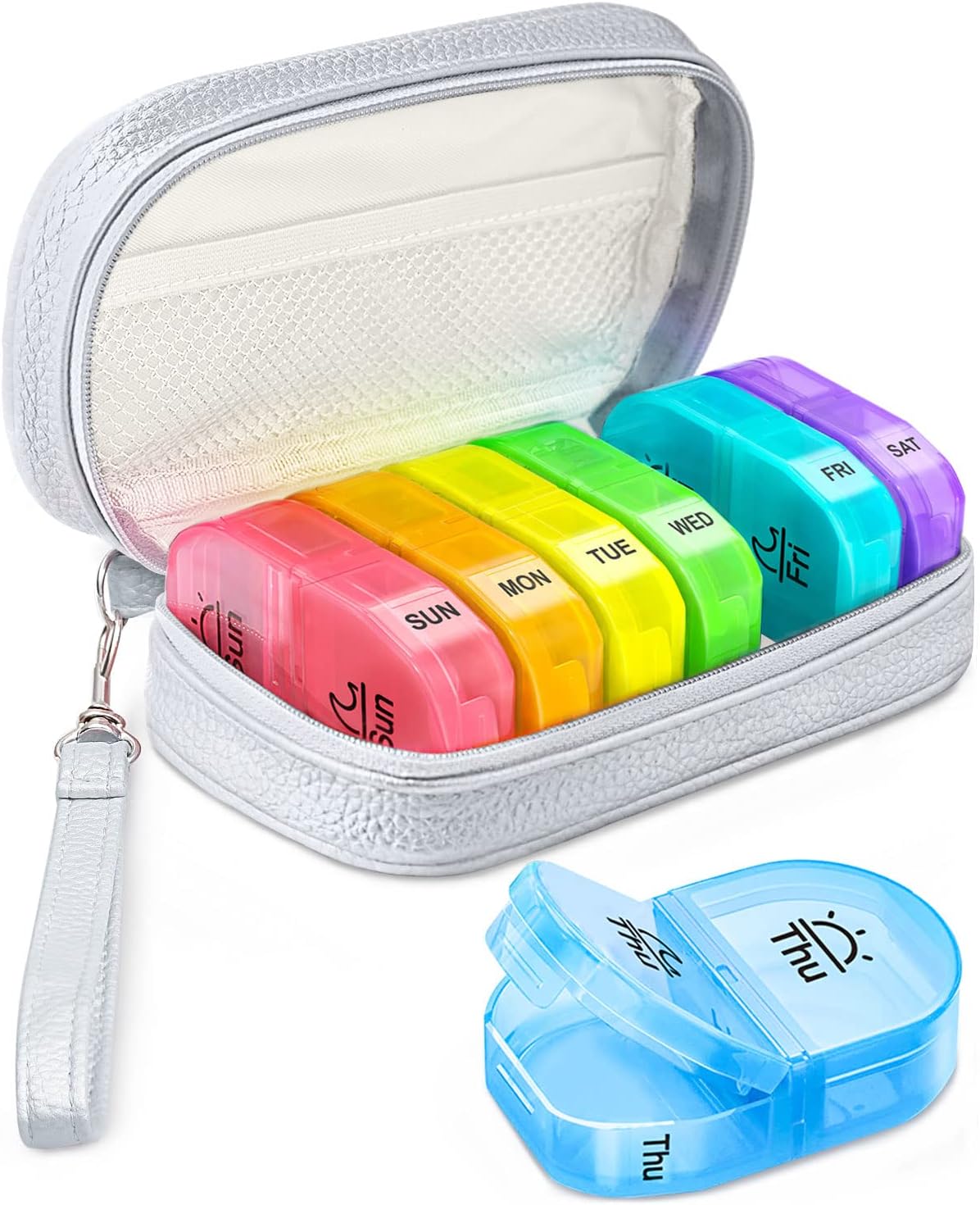 Cute Pill Organizer 2 Times a Day, AMOOS PU Leather Pill Case for Women, Portable Weekly Pill Box for Purse with Storage Bag to Hold Vitamins/Medications/Fish Oils/Supplements, Silver