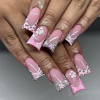 Press on Nails Duck Shaped Acrylic Medium Duck French False Nails with Designs Artificial Duck Shaped Fake Nails with Charms Glue ons Nails Stick on Fingernails for Women Girls(A70111)