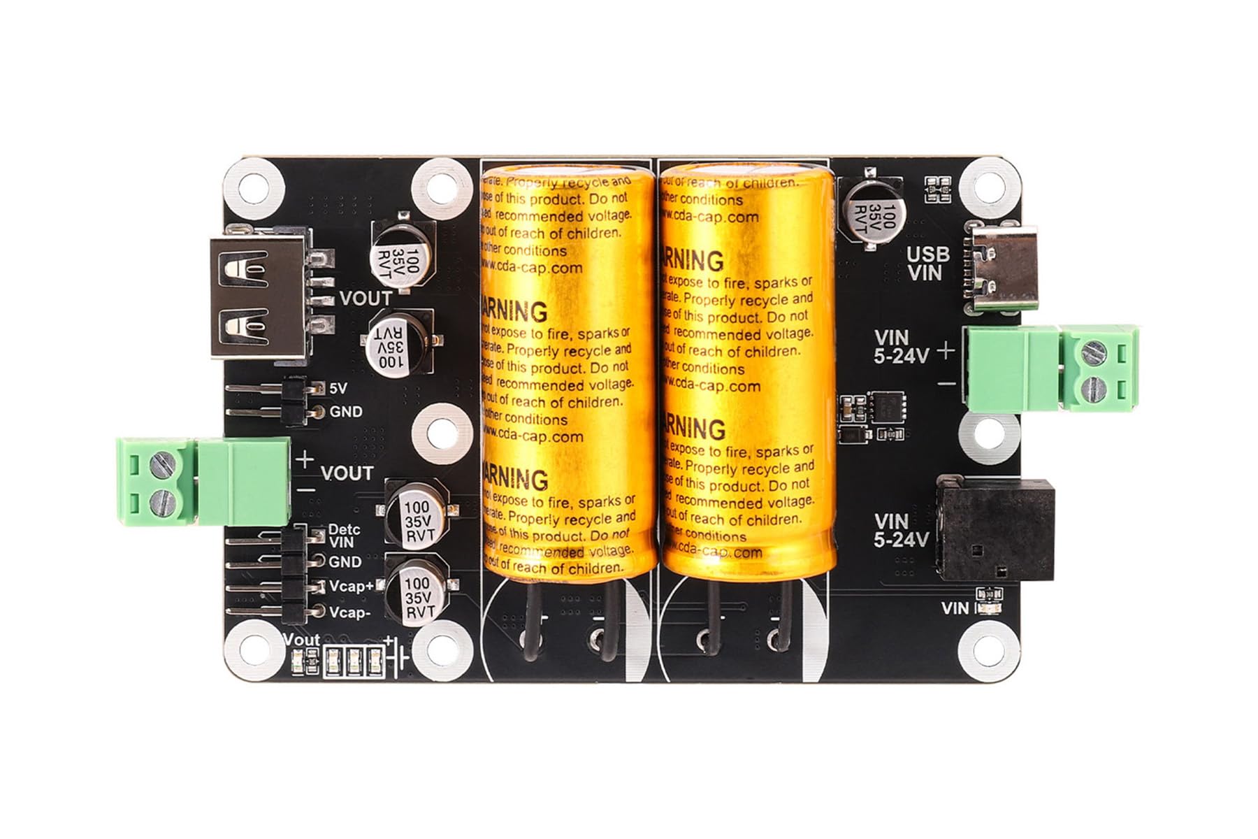 SCap Supercapacitor UPS Module, 5V Backup Power Board | 5V output UPS module with 5V-24V input, dual supercapacitors, Type-C/DC input, USB-A and header outputs with protection
