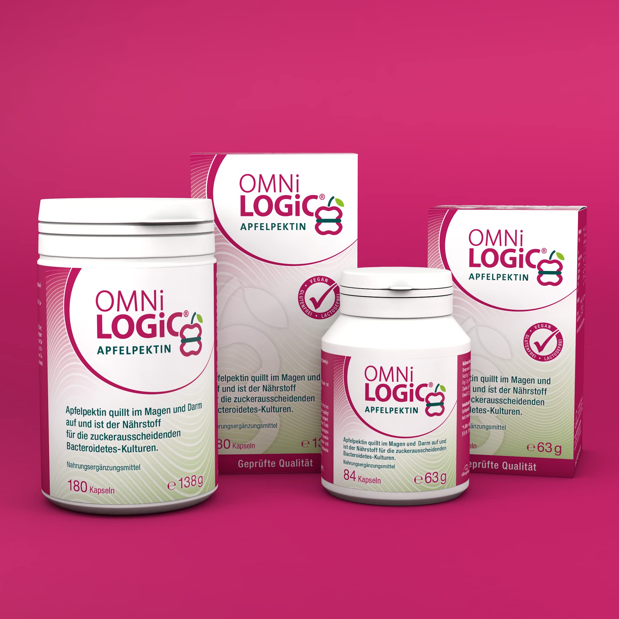 OMNi LOGiC Apfelpektin | Hochwertige Ballaststoff-Kapseln aus Apfel | 3,9 g pro Tagesportion | Ohne Zusatzstoffe | Vegan | 84 Kapseln