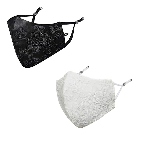 MASQ By Q-One Crystal 4 Layer, Reusable, with Detachable Chain & Ear Adjusters, Anti-Bacterial (BFE>99%) Satin Cloth Face Mask Combo for Women, Girls (includes Mask Bag)(Black-White, Pack of 2)