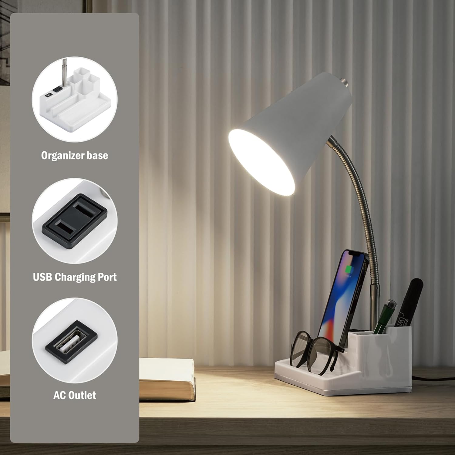 Desk Lamp Cute for Small Space, Lamp Desk with USB Port and Outlet, Desk Lamps for Home Office with Pen Holder, Study lamp for College Dorm Room, Flexible Arm, White