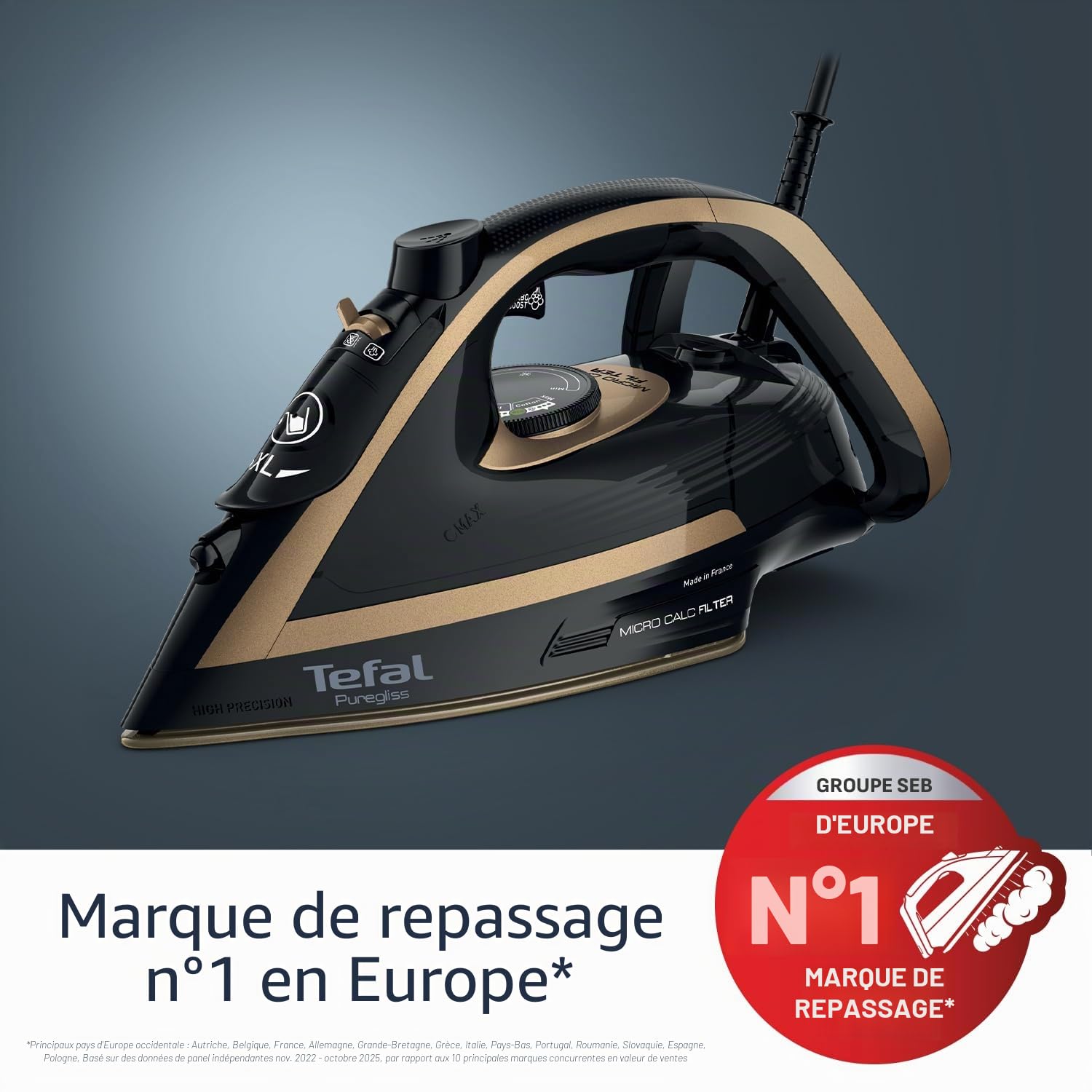 Tefal FV8064 Puregliss Fer à repasser à vapeur, 3000 W, effet pressing 280 g/min, 0-50 g/min, vapeur variable, vapeur verticale, semelle Durilium AirGlide Autoclean, filtre micro calc, noir/doré