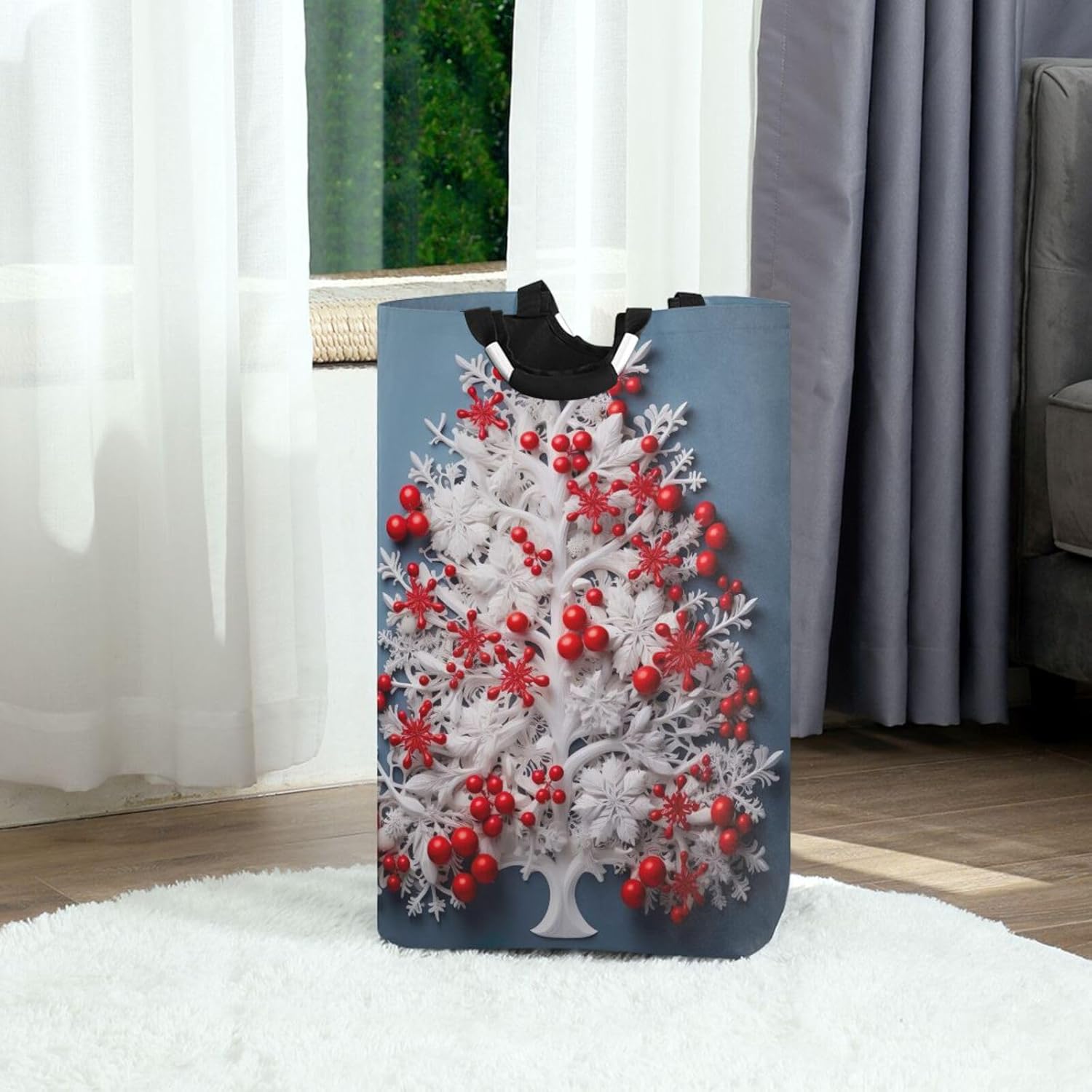 Christmas Tree with Red Berries Large Laundry Hamper Waterproof with Handles, Portable Laundry Baskets Collapsible Sturdy Clothes Store Basket for Bathroom Bedroom