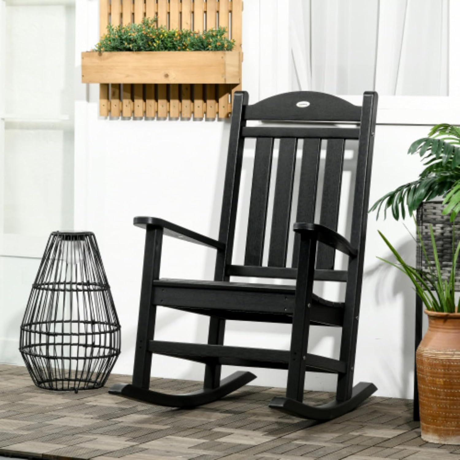 Outdoor Wooden Rocking Chair, Lounge Chair, Rustic High Back, Armrests, Oversized Seat and Slatted Back, Patio Folding Lawn Rocking Chair Set for Garden, Patio, Balcony