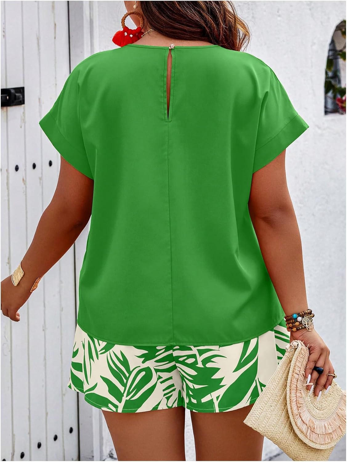 SOLY HUX Women's Plus Size 2 Piece Outfits Summer Printed Short Sleeve Blouse Tops and Shorts Set - Image 2