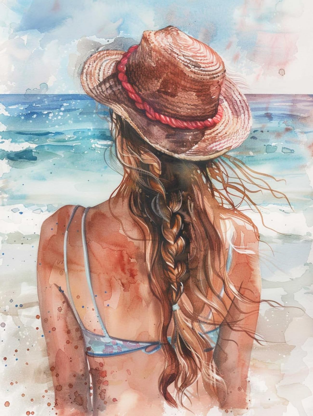 LFYNIORS DIY Perlenstickerei Set Aquarell Strandmädchen Nadelstich-Set Mit Perlen Und Kreuzstich-Set Mit Buntem Stickgarn Und Perlen 40x50cm