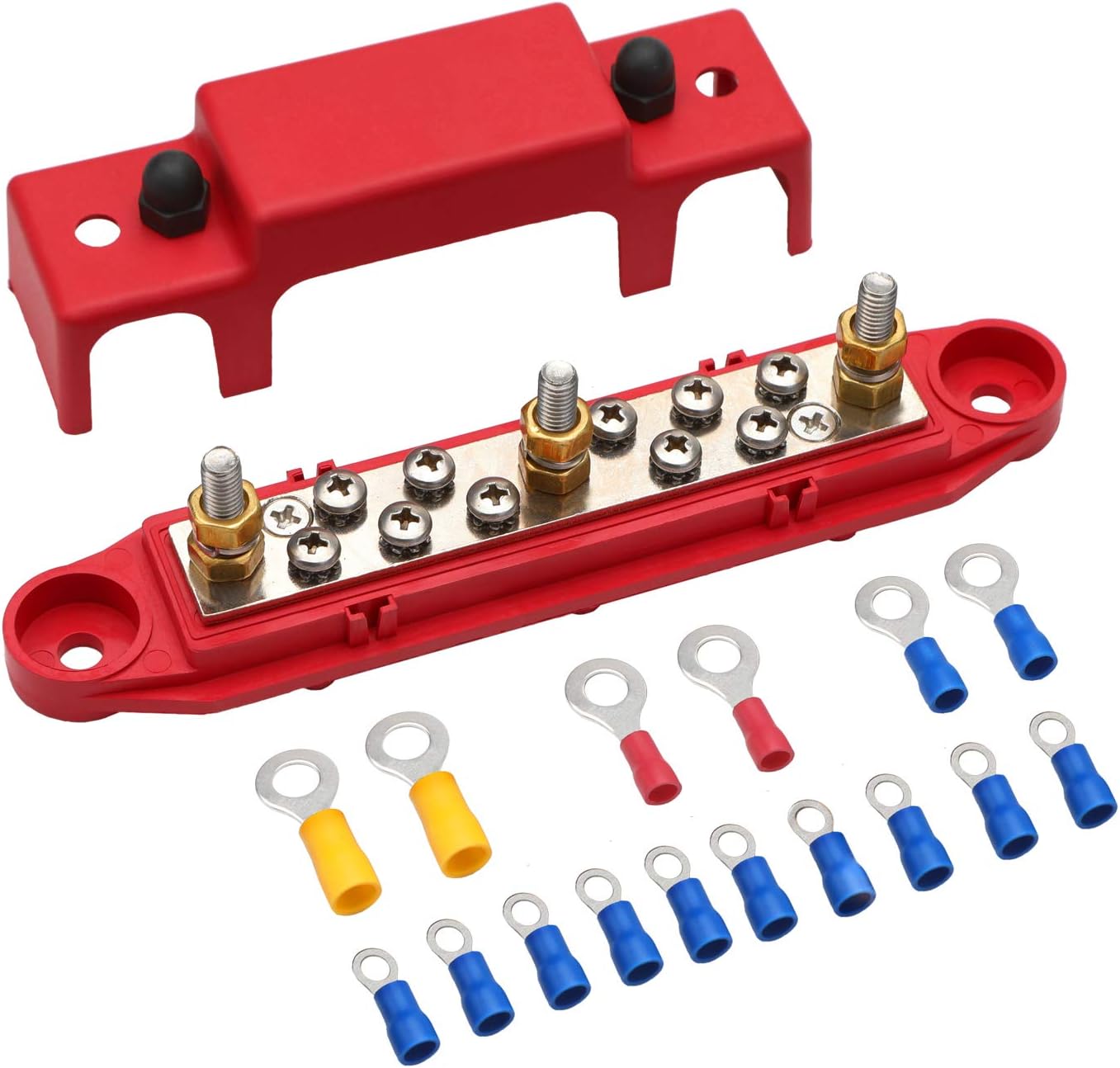 Mofeez Bus Bar -3x1/4” Post,10x#8 Screw Terminal Power Distribution Block with Ring Terminals（Single-Red）