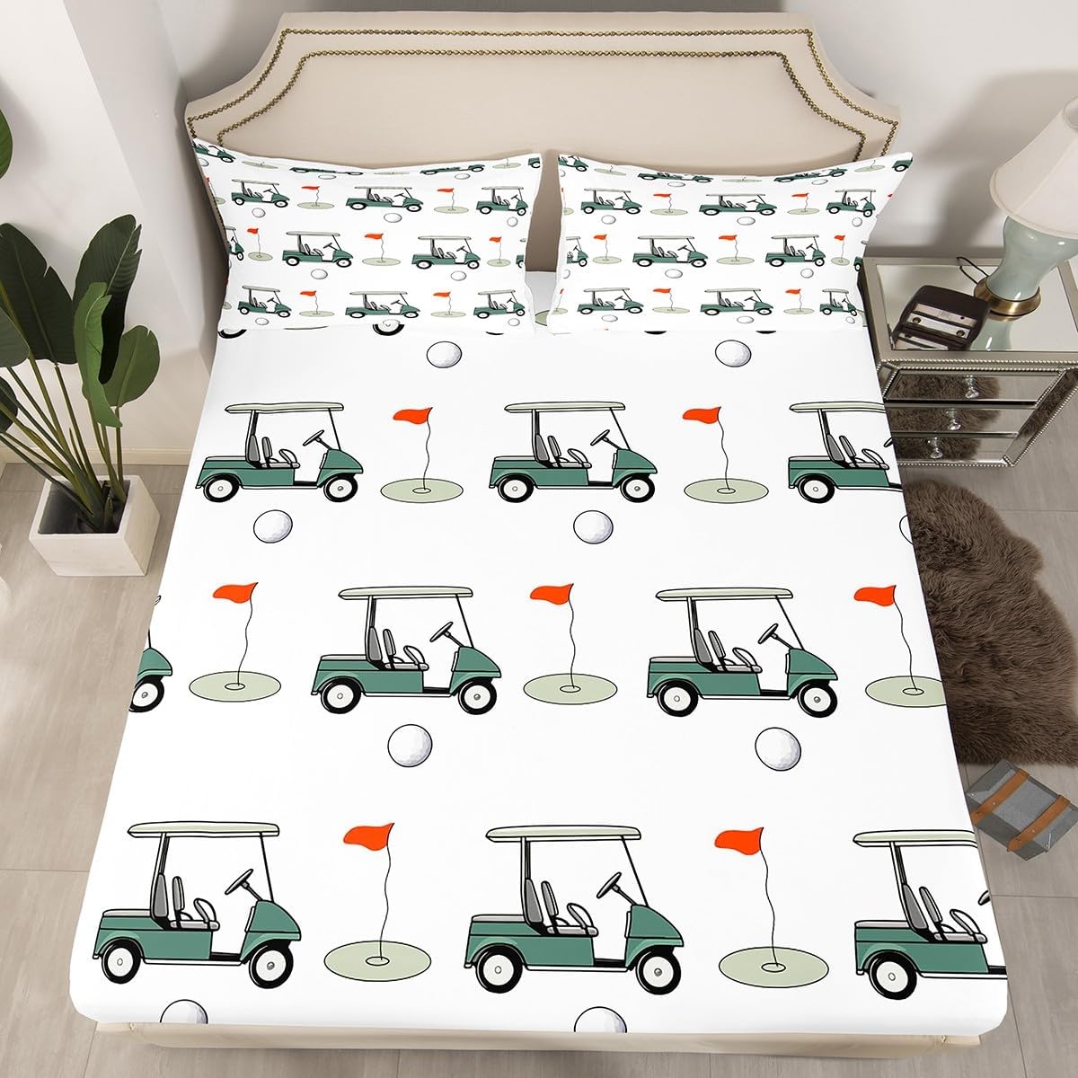 Feelyou Golf Sheets Ball Games Themed Bedding Set for Kids Boys Girls Golf Club Bed Sheets Green Course Sheets Set Bedroom Collection 4Pcs Queen Size,1 Fitted Sheet+2 Pillow Sham+1 Flat Sheet