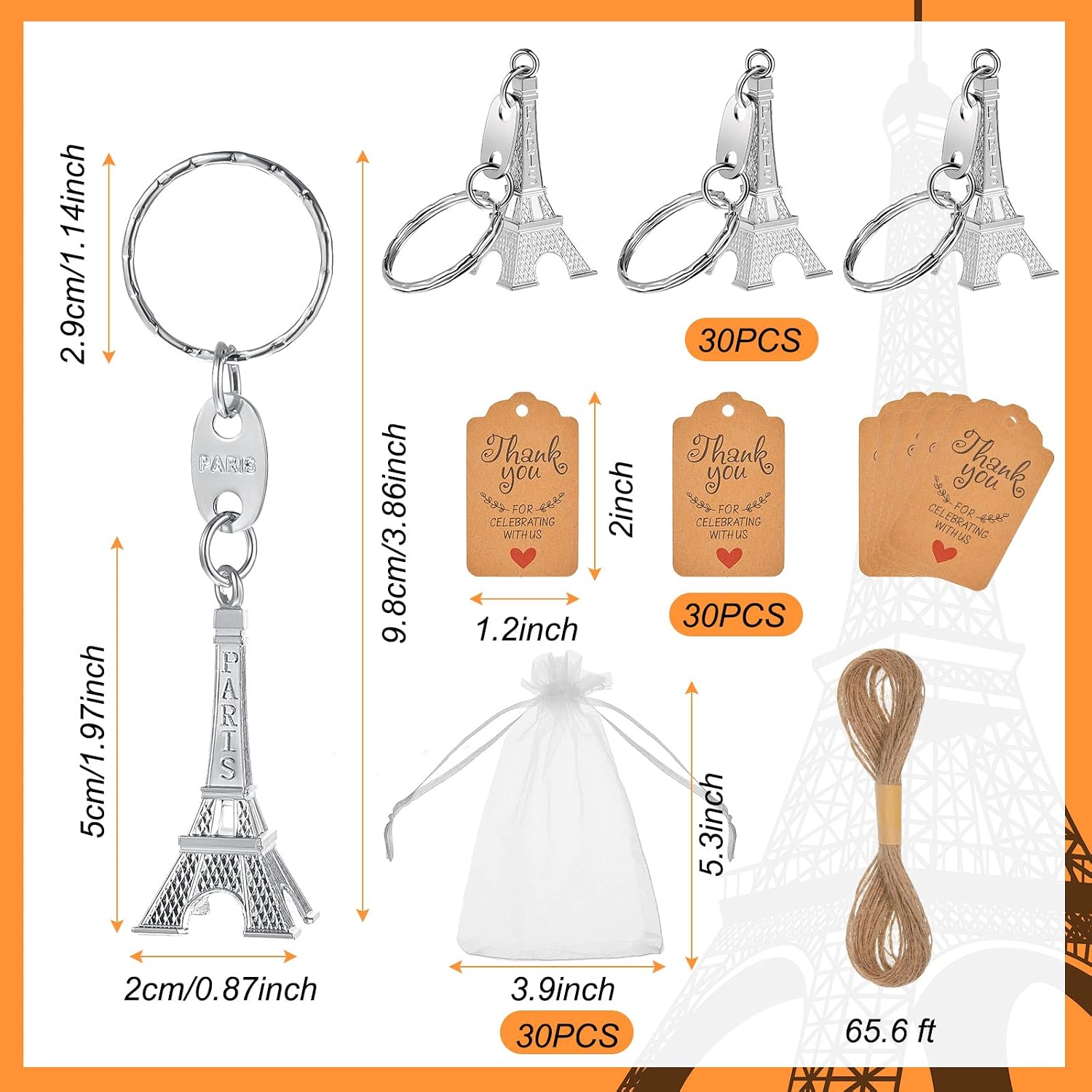 Taiyin 30 Pcs Pairs Eiffel Tower Keychain Retro Adornment French Souvenir Party Favors Birthday Gifts(Silver)