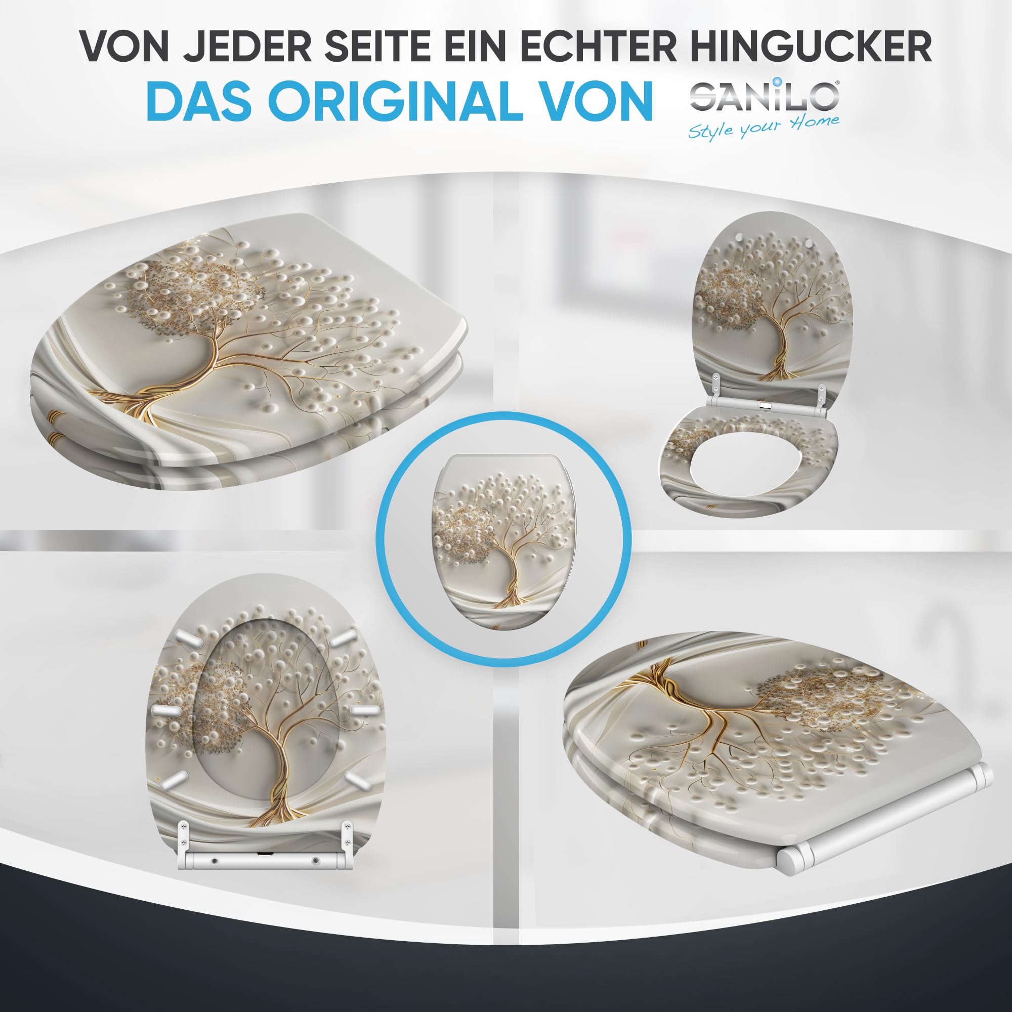 Sanilo WC Sitz mit Absenkautomatik & Schnellverschluss, Toilettendeckel per Knopfdruck abnehmbar, einfache Montage von oben (Tree of Life)